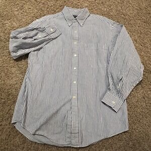 Lands End Mens Regular Fit Blue White Stripe Button Down Seersucker Shirt Sz L